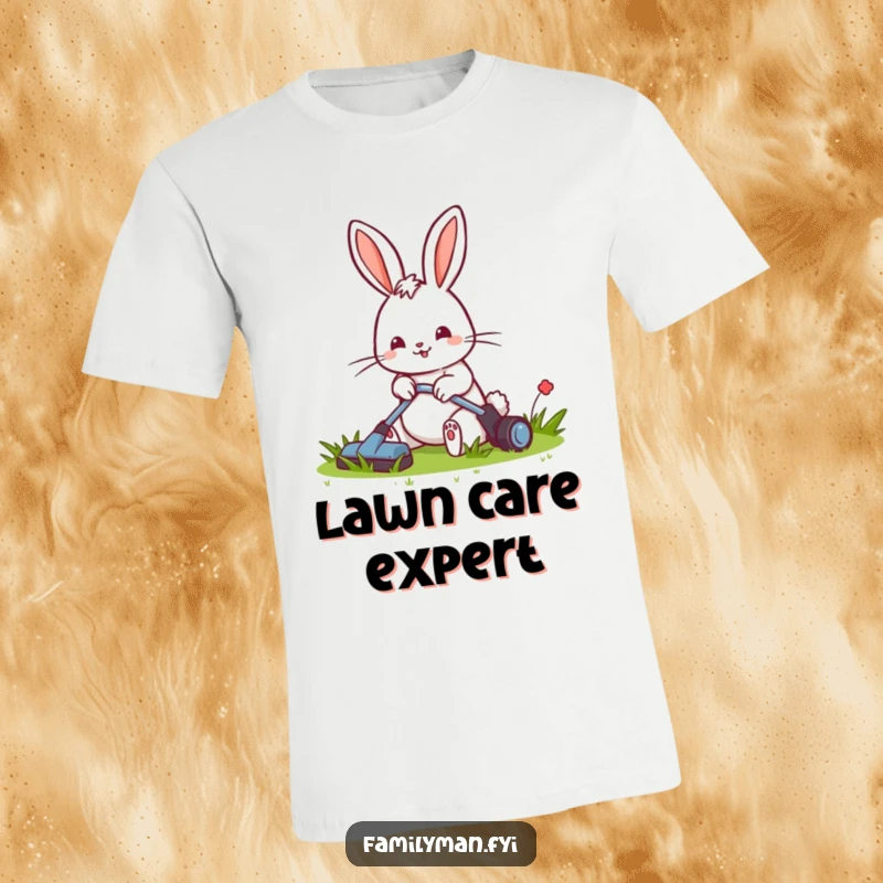 Funny T-shirt featuring a cheerful rabbit happily mowing a small, neat lawn, showcasing dedication to yard work.