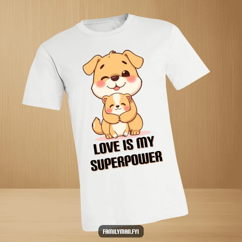 Funny t-shirt featuring a cheerful dog giving a big, heartwarming hug to a smaller animal.