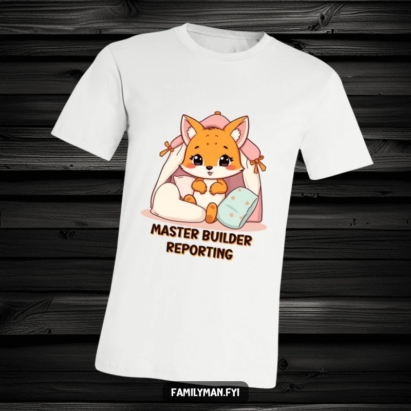 Funny fox cub t-shirt, a cute animal building a massive pillow fort, expressing creativity and cozy fun.