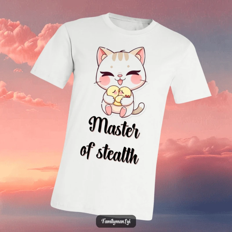 Funny cat t-shirt featuring a mischievous cat with a grin carrying a sleeping baby bird, adorable and humorous.