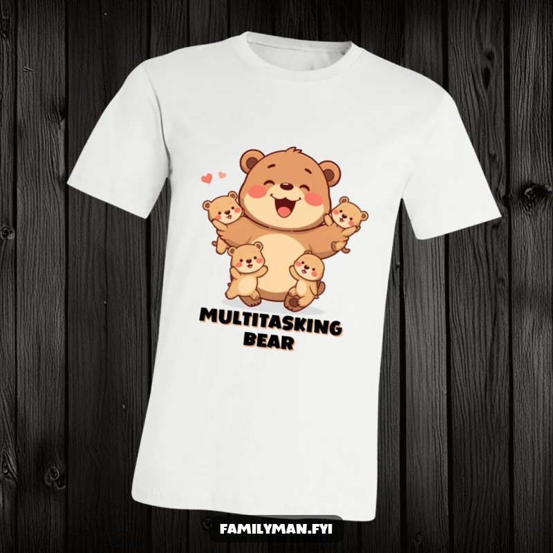 Funny T-Shirt featuring a happy father bear juggling baby bears playfully, embodying fatherly love and fun.