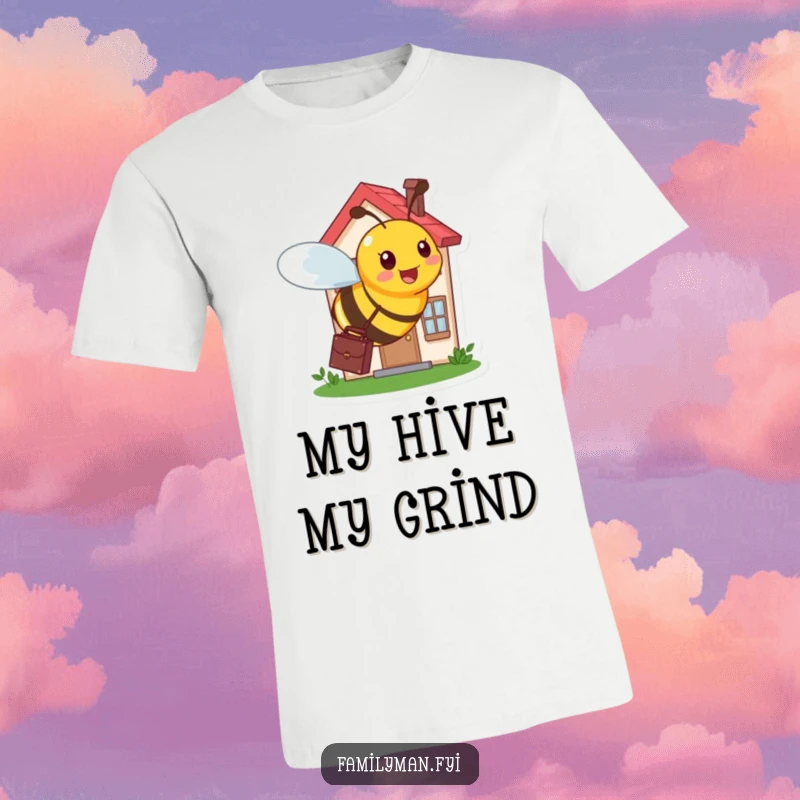 Funny t-shirt depicting a busy bee carrying a briefcase, buzzing energetically around a miniature, lively house.