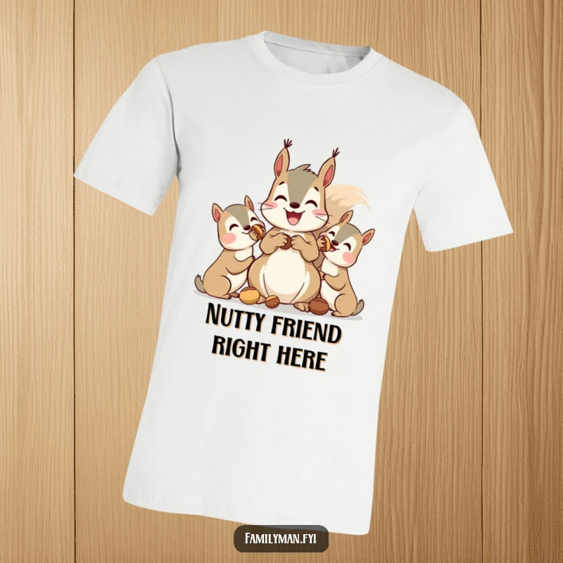 Funny squirrel t-shirt, a happy squirrel distributing nuts to a group of appreciative friends, showcasing generosity.