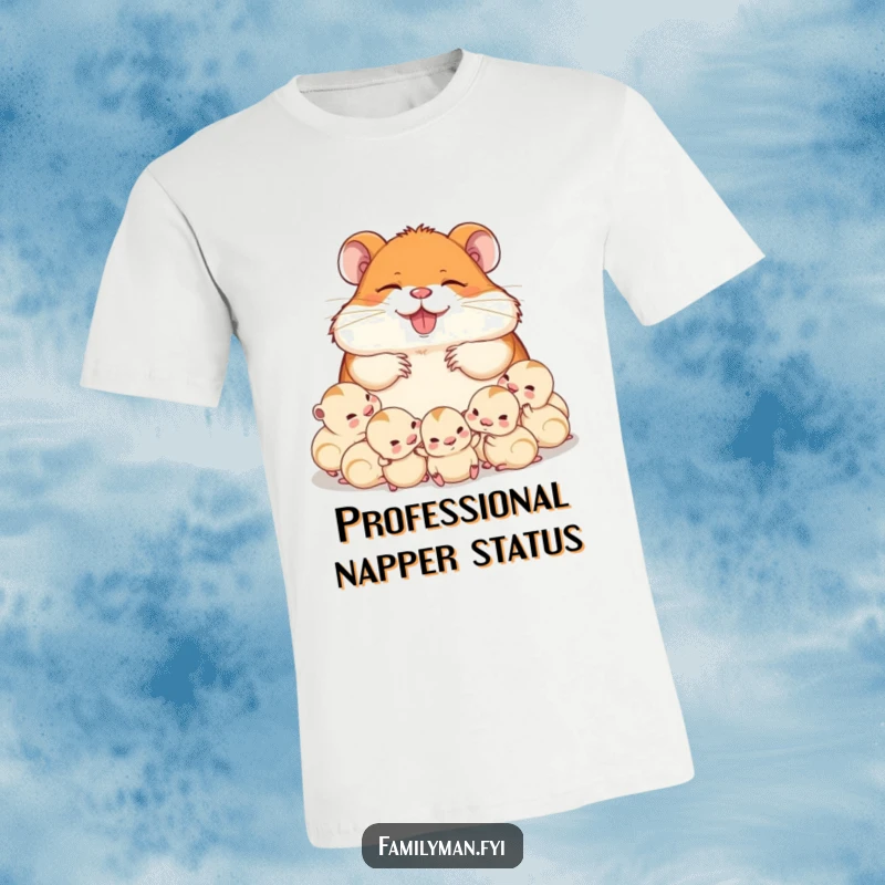 Funny delighted dad hamster napping with his babies, printed on a soft t-shirt. A heartwarming and humorous representation of fatherly rest.