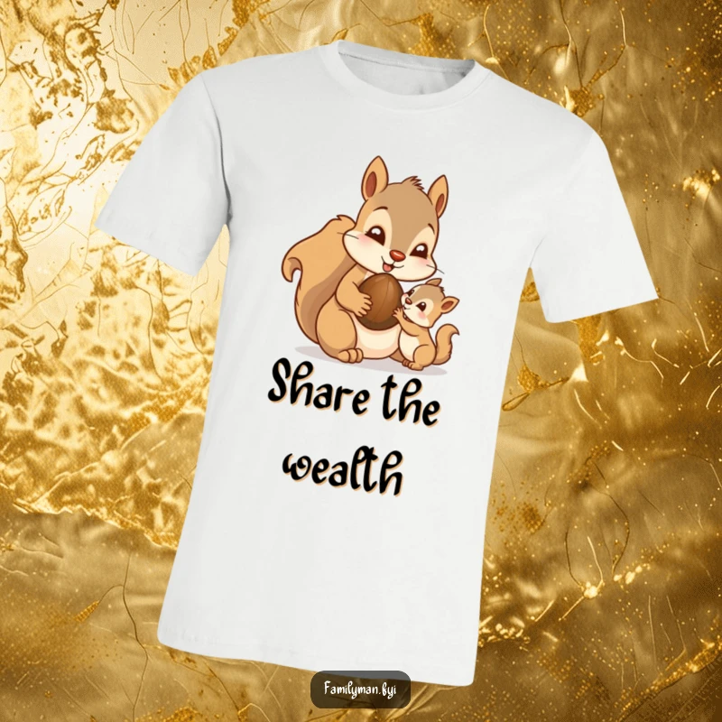 Funny Dad Squirrel T-Shirt: A doting father squirrel character shares a nut with its young offspring, highlighting paternal generosity.