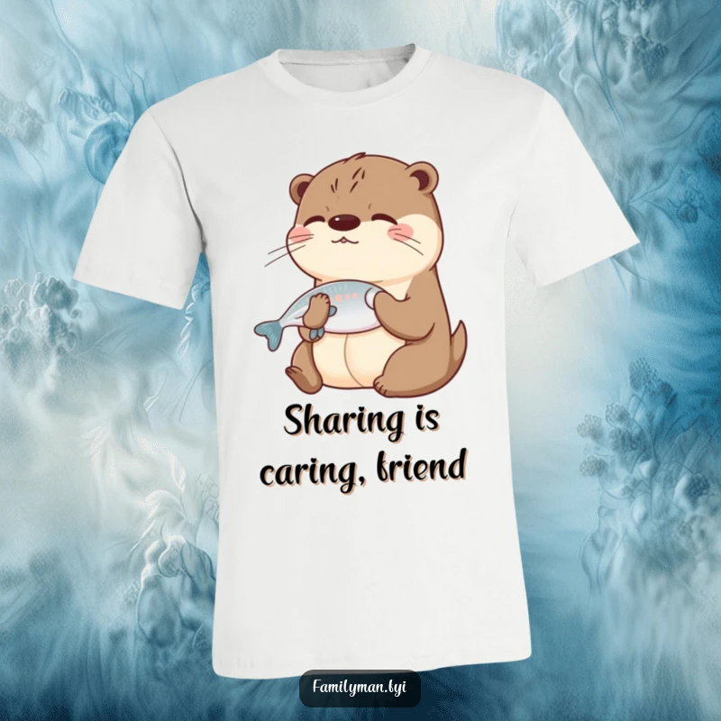 Funny Otter T-Shirt depicting a playful otter sharing a fish with a companion, celebrating friendship with humor.