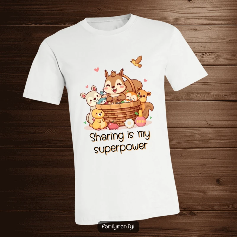 Funny squirrel t-shirt, a cheerful squirrel character sharing a picnic basket with various animal friends. Perfect for gatherings.
