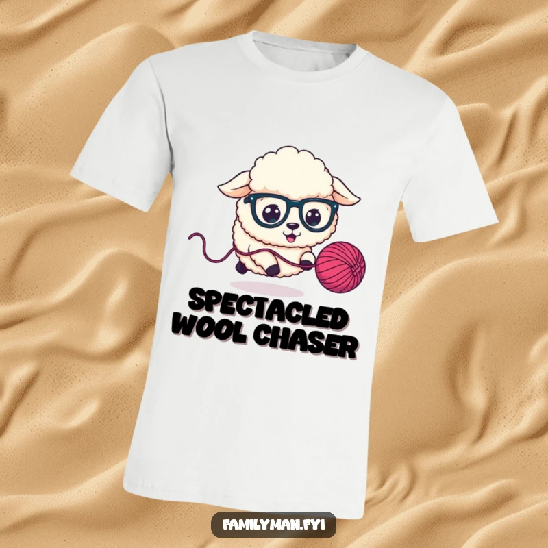 Funny T-Shirt depicting a fluffy sheep dog wearing large glasses, energetically pursuing a bouncing ball of yarn.
