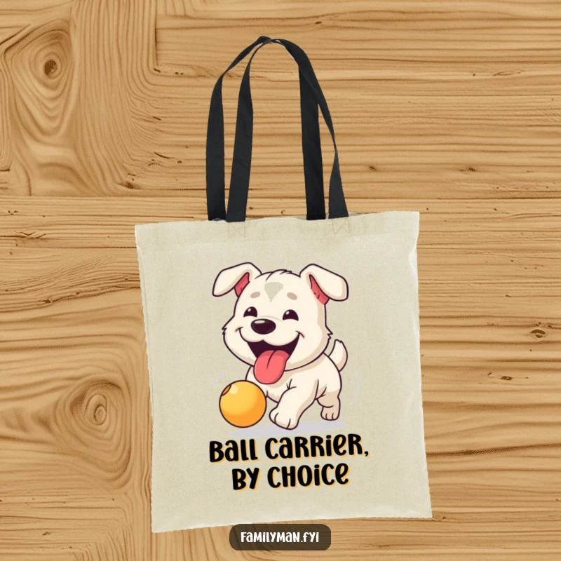 Funny tote bag showing a happy dog, tongue lolling out, with great enthusiasm, chasing a bouncing ball.
