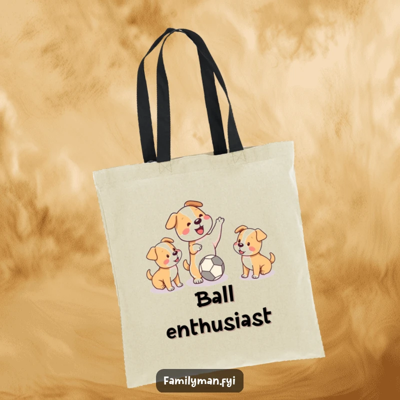 Funny tote bag with a playful dog throwing a ball for two puppies, perfect for carrying items and spreading joy.