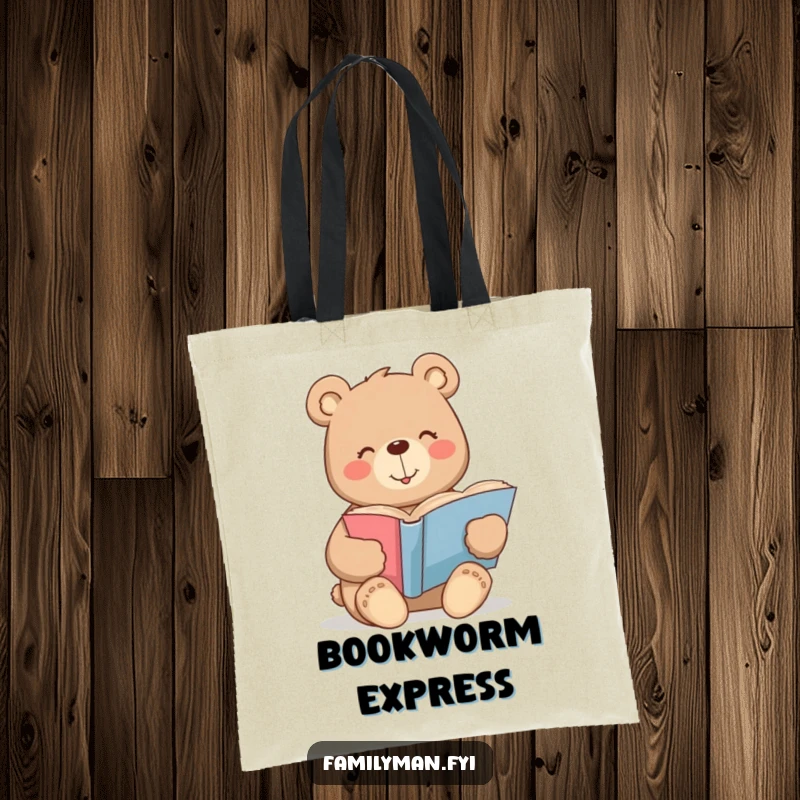 Funny bear tote bag with a warm smile contentedly reading a large storybook, a charming accessory for book lovers.