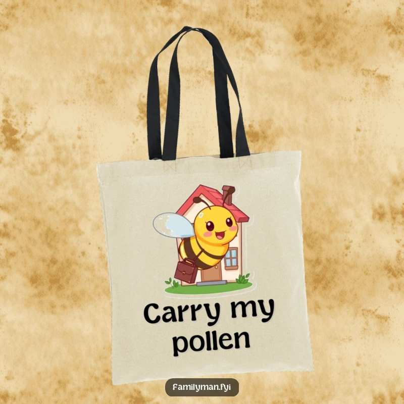 Funny tote bag with a busy bee carrying a briefcase, buzzing around a tiny, bustling house with purpose.