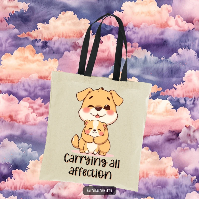 Funny tote bag featuring a cheerful dog character giving a heartwarming hug to a smaller animal.