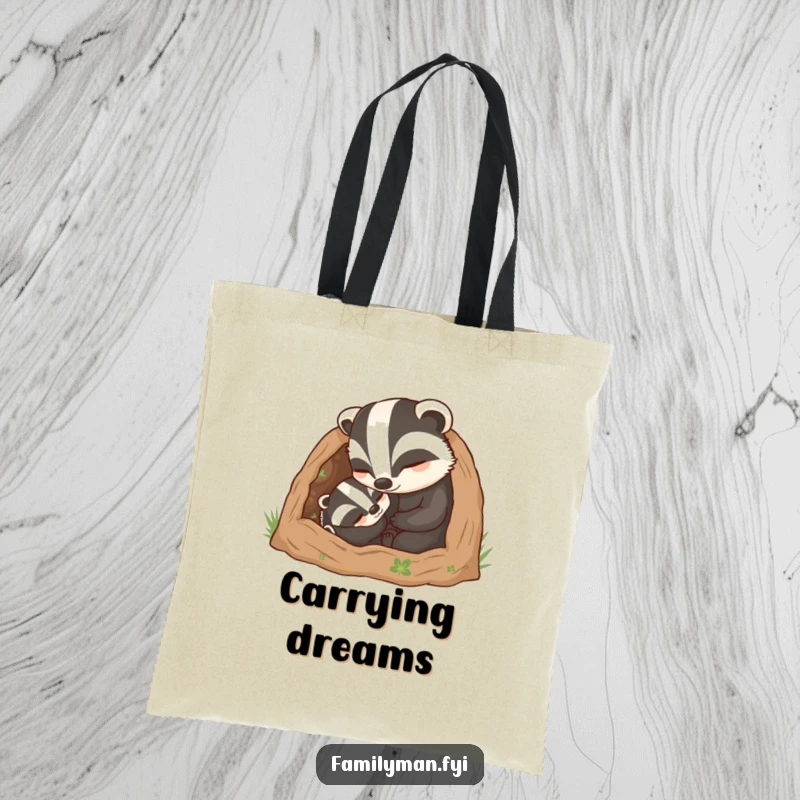 Funny Dad Badger Tote Bag: A caring father badger character tucking his young into a cozy burrow, symbolizing comfort and protection.