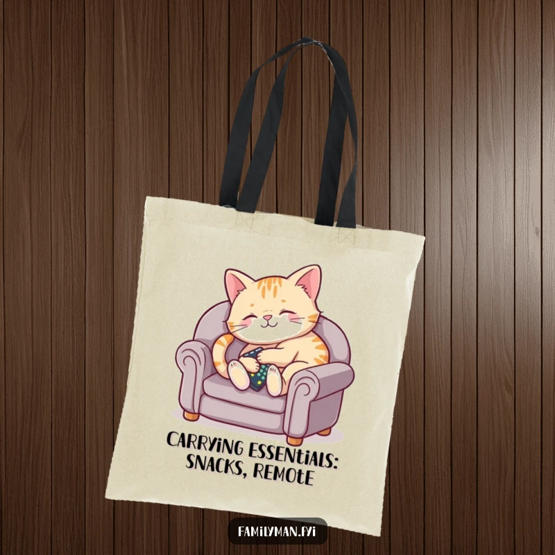 Funny tote bag displaying a content cat relaxed on a miniature couch with a TV remote.