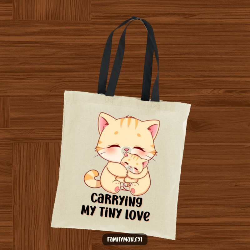 Funny Cat Tote Bag illustrating a loving cat hugging a kitten, perfect for carrying items with humorous affection.