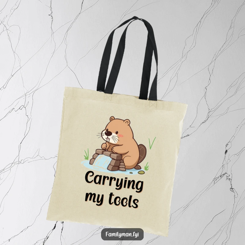 Funny Beaver Tote Bag illustrating a beaver constructing a dam, perfect for carrying supplies with humorous determination.