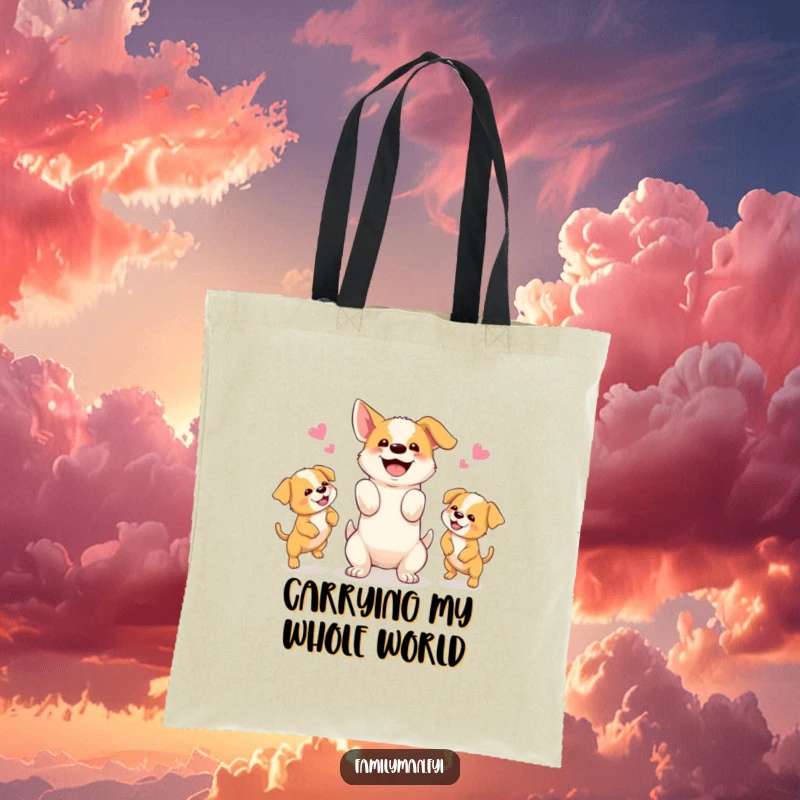 Funny tote bag displaying a happy dog juggling three lively puppies, illustrating organized chaos and pet love.