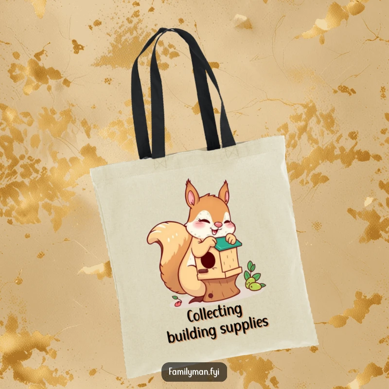 Funny playful squirrel tote bag, showing a squirrel building a birdhouse, ideal for carrying tools and supplies with a humorous touch.