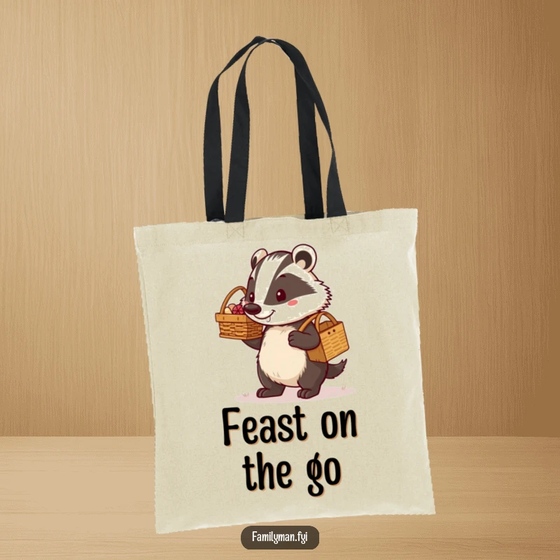 Funny determined dad badger carrying a picnic basket with a proud grin, illustrated on a stylish tote bag. A humorous and practical accessory.
