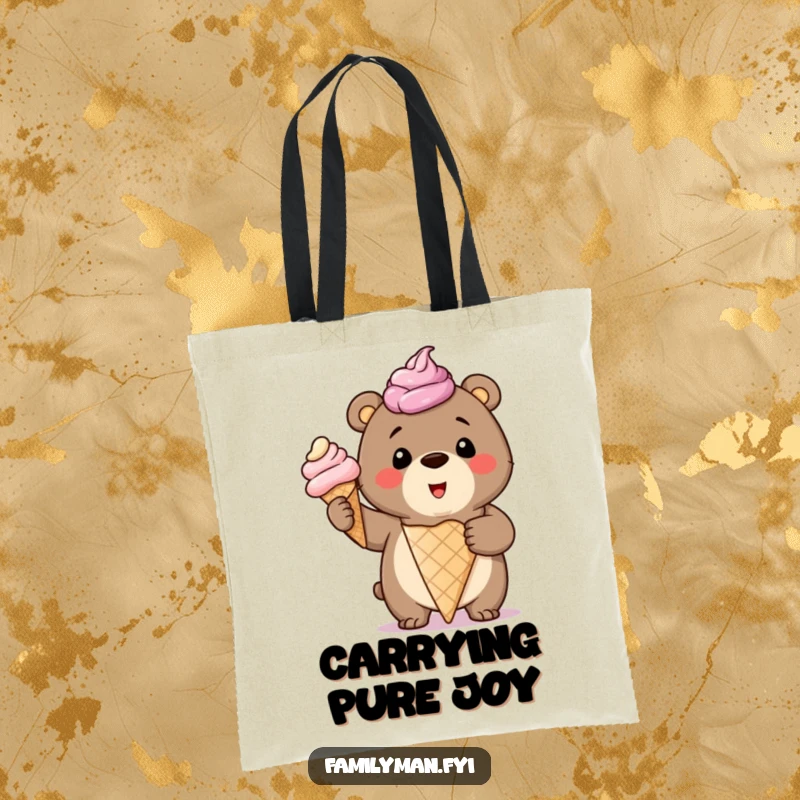 Funny Tote Bag showcasing a smiling bear cub proudly holding a giant, overflowing ice cream cone, perfect for carrying goodies.