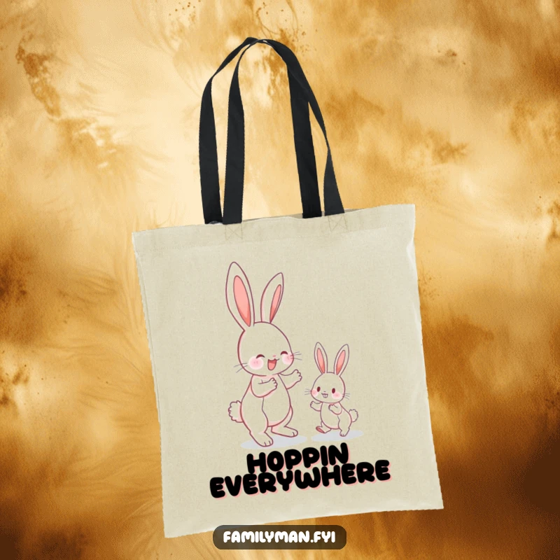 Funny bunny tote bag, an energetic bunny teaching a smaller one how to hop, perfect for carrying daily items.