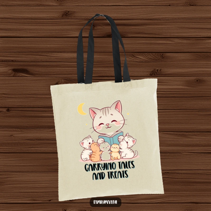 Funny cat tote bag depicting a loving cat mom reading a captivating bedtime story to her cluster of adorable, listening kittens.