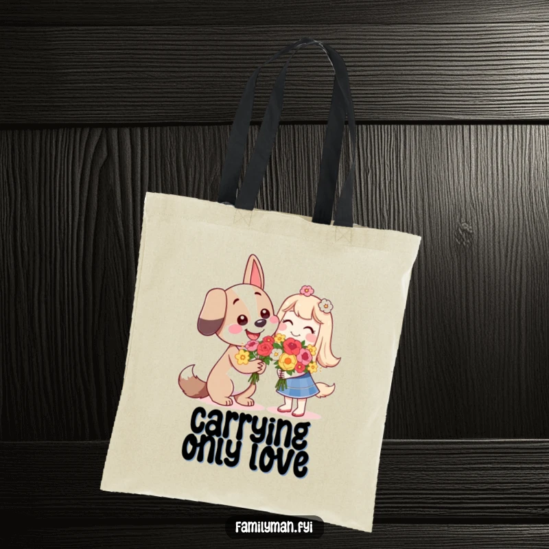 Funny happy dog character giving flowers with a smile, on a stylish tote bag for daily use.