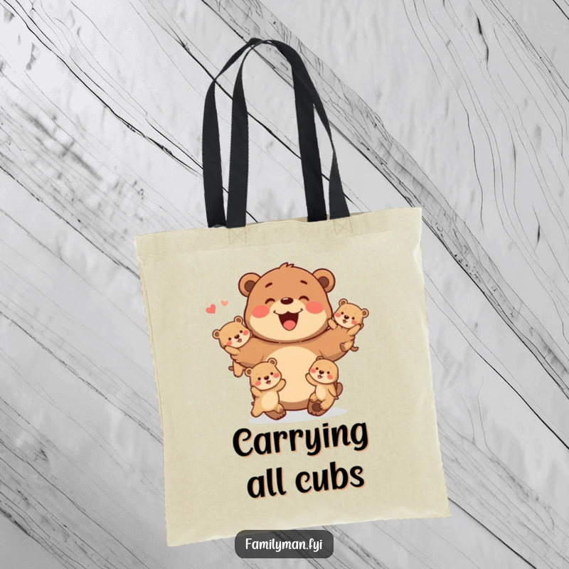 Funny Tote Bag showing a happy father bear juggling baby bears, representing a dad's constant care and fun.