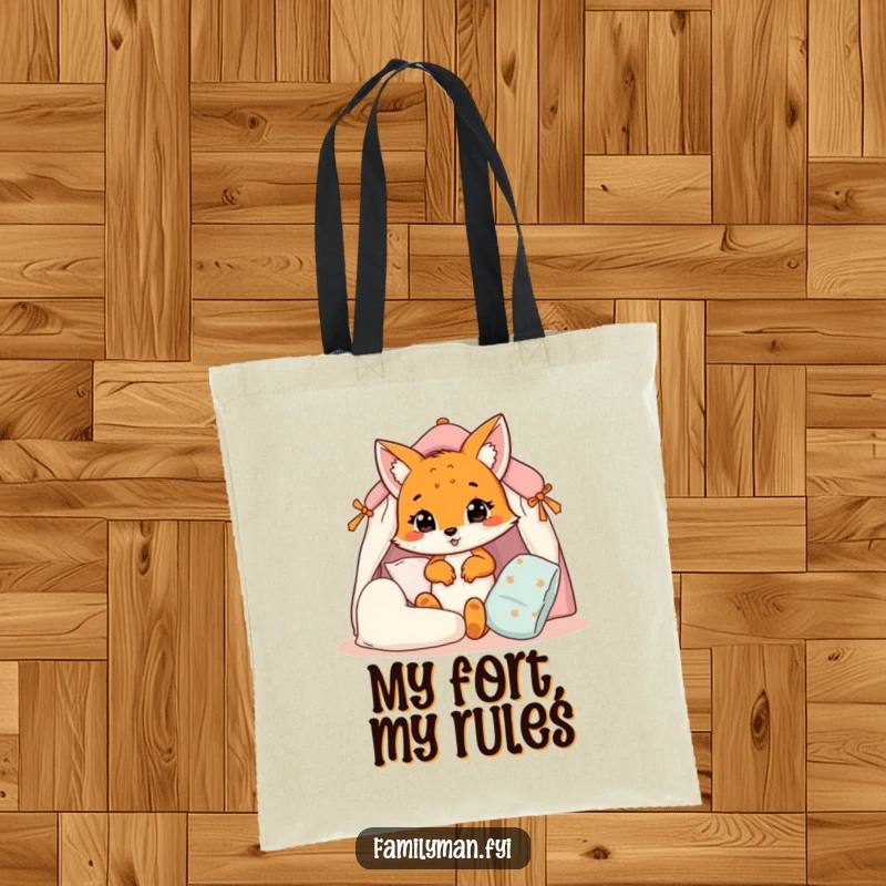Funny fox cub tote bag, a cheerful creature building a pillow fort, perfect for carrying treasures with humor.