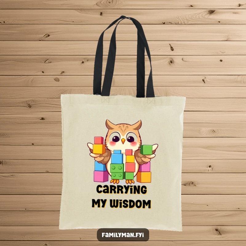 Funny Tote Bag showcasing a proud owl displaying a colorful stack of oversized building blocks, perfect for carrying books and more.