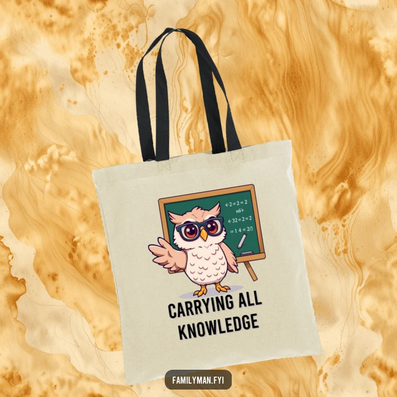 Funny Owl Scholar Tote Bag, intellectual owl with glasses near a blackboard with equations, perfect for carrying books.