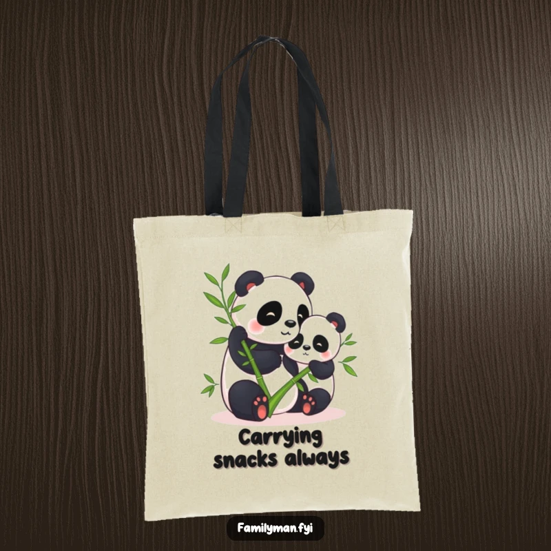 Funny tote bag featuring two pandas sharing bamboo, ideal for carrying essentials with a touch of humor and charm.