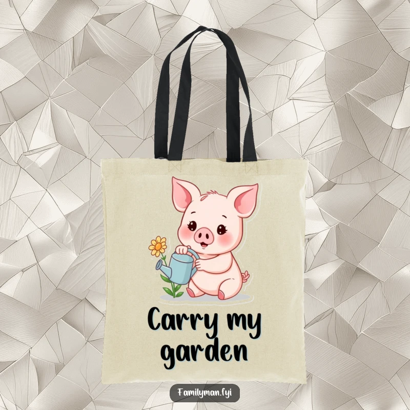 Funny tote bag with a cheerful piglet using a tiny watering can to tend to a small, smiling flower.