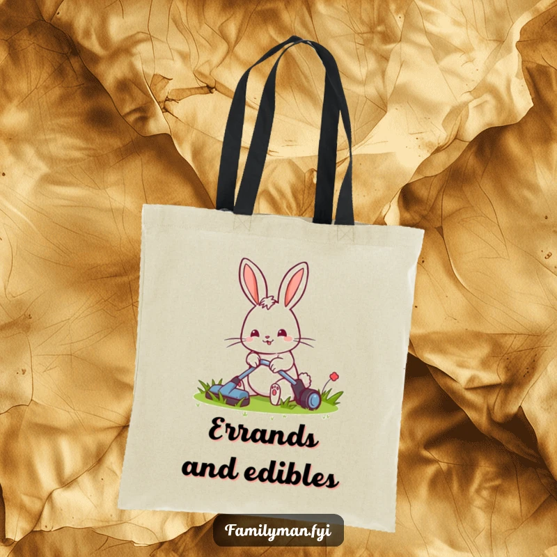 Funny tote bag featuring a cheerful rabbit mowing a small, tidy lawn, perfect for carrying gardening supplies.