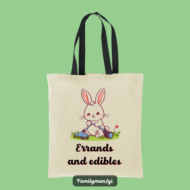 Funny Rabbit Mowing Tote Bag: Cheerful Gardener, Lawn Care Accessory