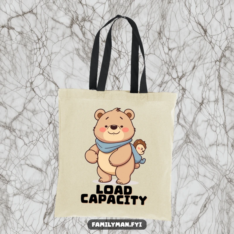Funny Dad Bear Tote Bag: A strong, smiling father bear character giving a piggyback ride, symbolizing support and fun.