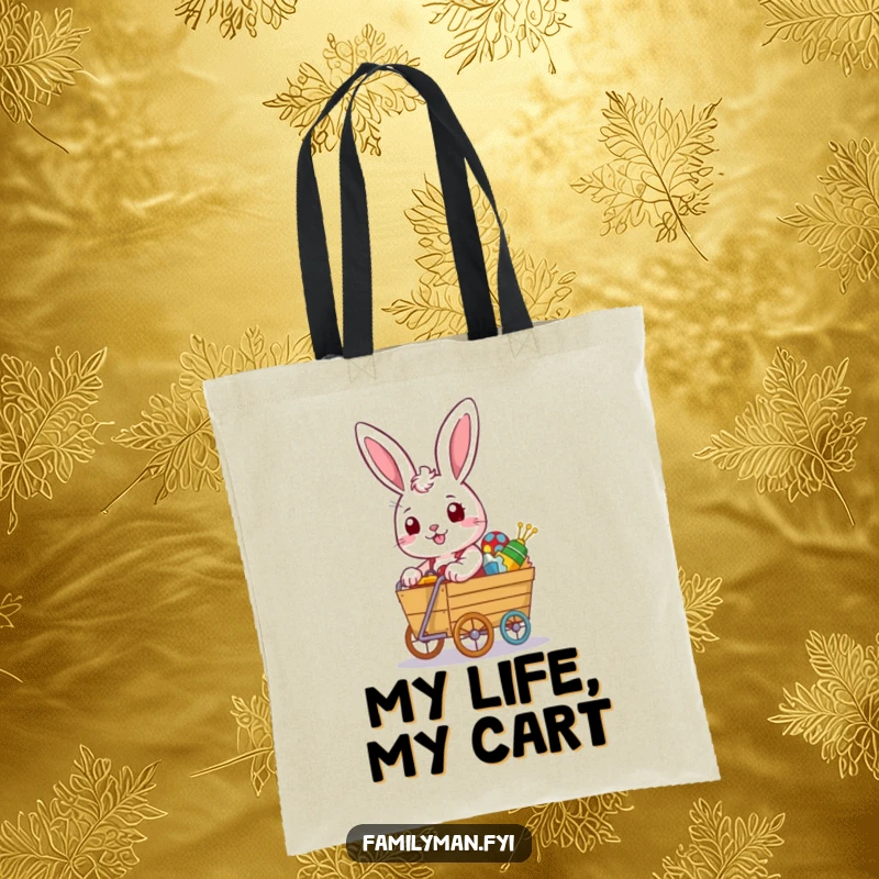 Funny rabbit tote bag with a determined look pushing an overflowing toy cart, a humorous and practical carry-all.