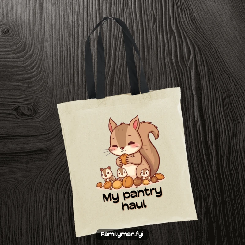 Funny squirrel tote bag featuring a parent squirrel gathering nuts with its children, a humorous and practical accessory.