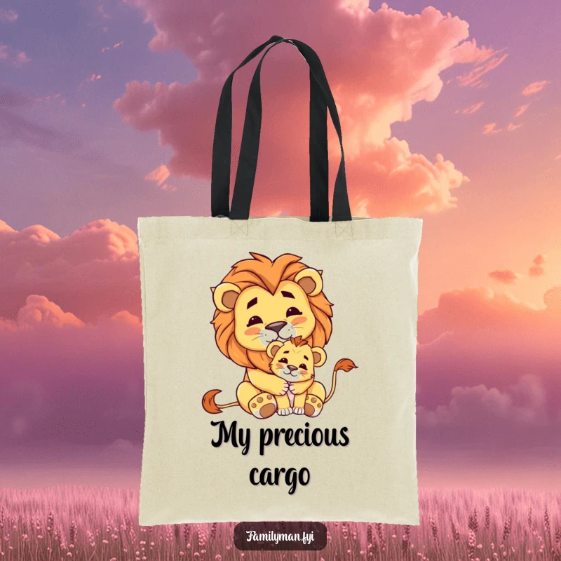 Funny tote bag with a proud lion embracing a small cub, ideal for carrying items and displaying a sense of regal pride.