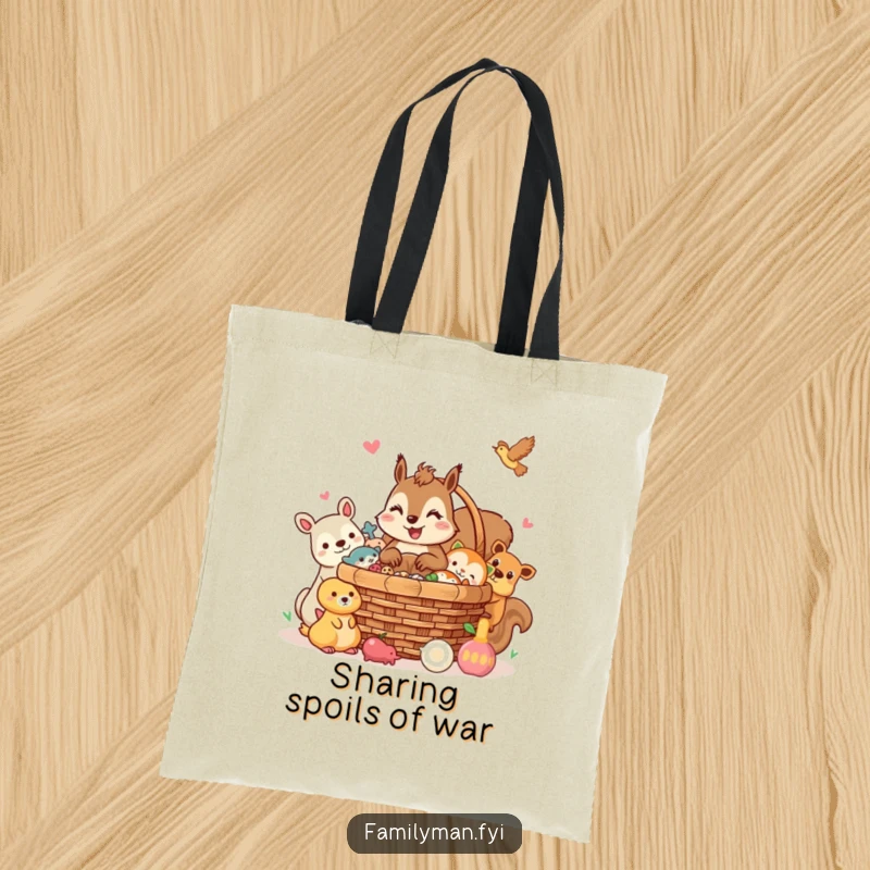 Funny squirrel tote bag, a cheerful squirrel character sharing a picnic basket with animal friends. Great for outings.