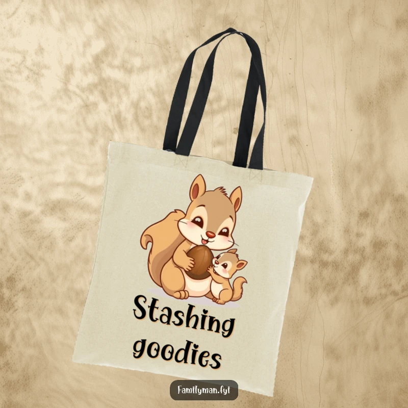 Funny Dad Squirrel Tote Bag: A doting father squirrel character sharing a nut with its young, symbolizing sweetness and paternal care.
